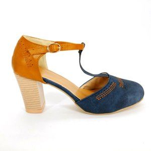 Brinley Co Womens T-Strap Closed Toe Pumps Blue‎ Brown Faux Leather EUR 41 New